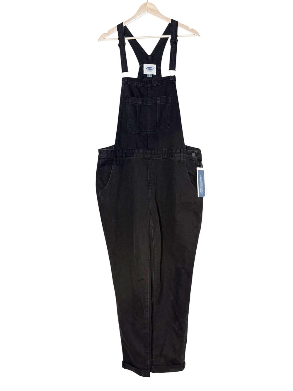 Old Navy Black Denim Bib Overalls SIze L Tapered Leg Minimalist Casual Pockets